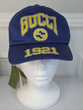 Gucci Blue Cap with Yellow Logo and 1921 Embroidery